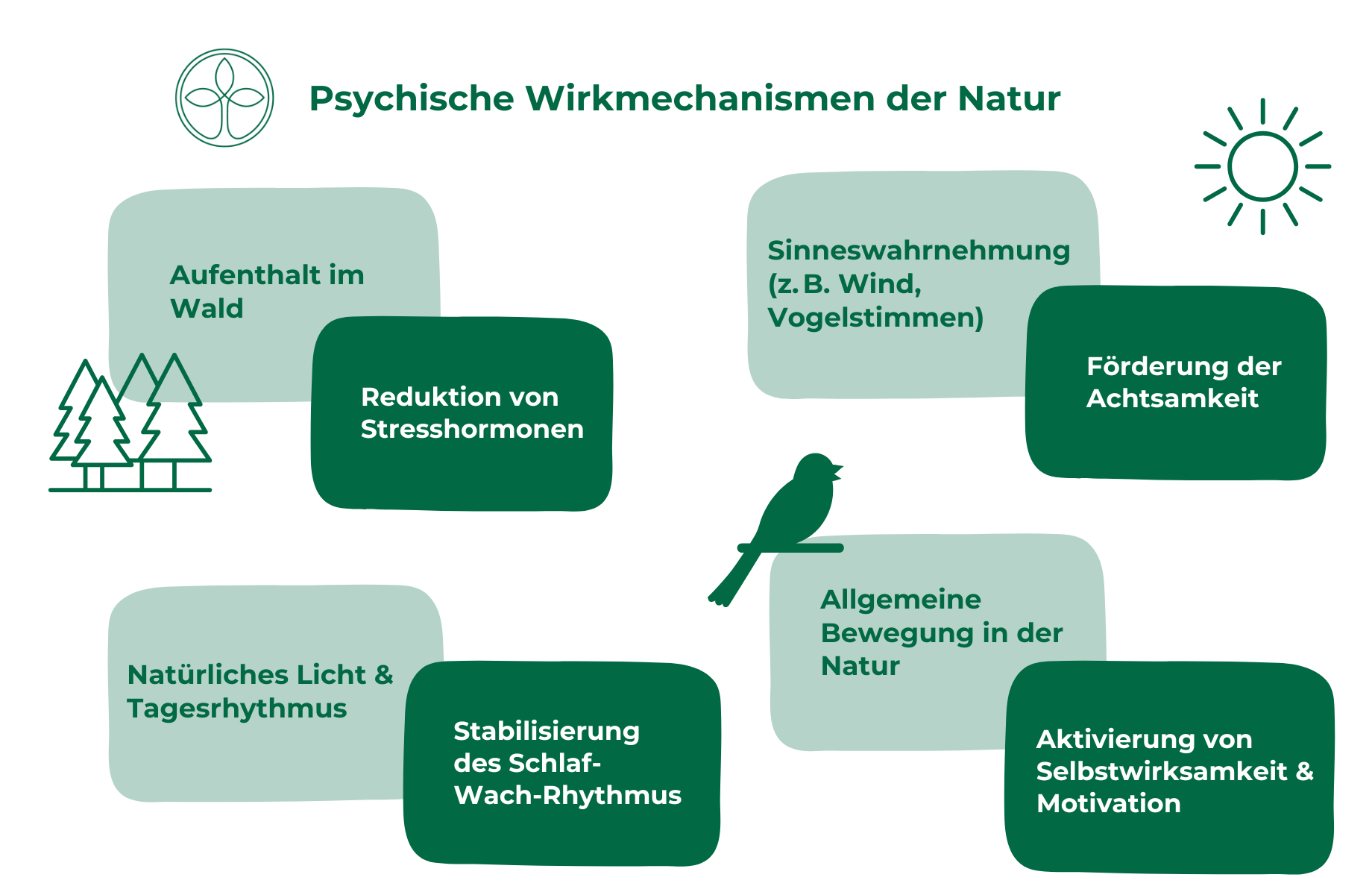 KFW_Grafik_Blogartikel Grüne und weiße Wörter, die verschiedene Arten der Psychischen Wirkmechanismen der Natur darstellen, auf einem neutralen Hintergrund.
